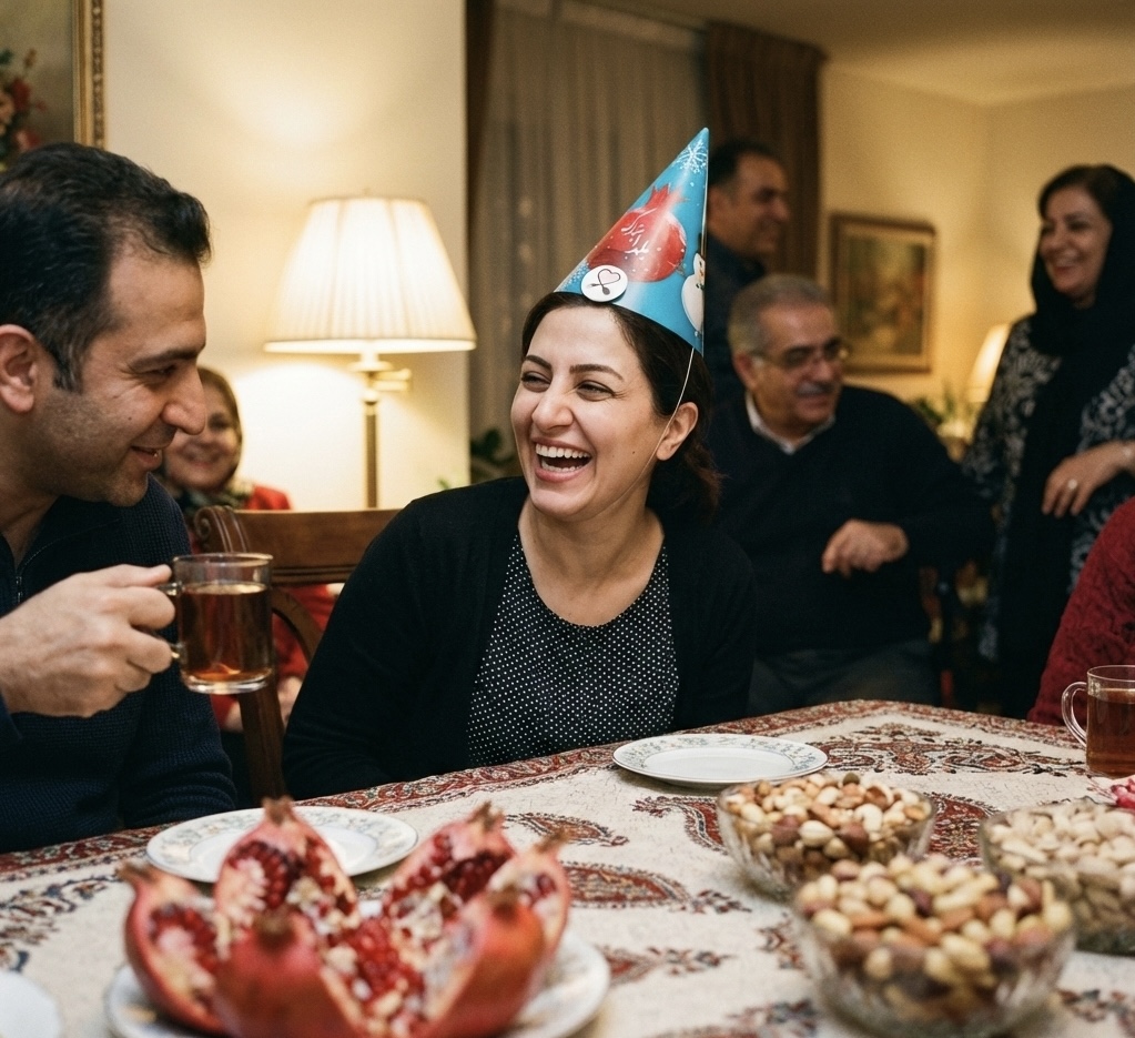 کلاه تم یلدا زمینه آبی با طرح آدم برفی و انار ویژه شب چله