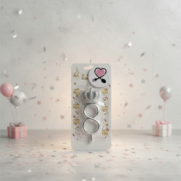 شمع تولد شیک نقره‌ ای تاجدار عدد 8