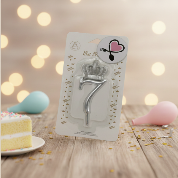 خرید شمع نقره‌ ای تاجدار عدد 7 | شمع شیک و لاکچری