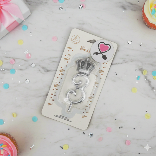 خرید شمع نقره‌ ای تاجدار عدد 3 | شمع تولد لاکچری و خاص