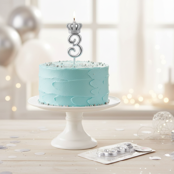 خرید شمع نقره‌ ای تاجدار عدد 3