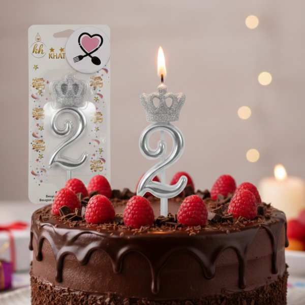 شمع نقره‌ ای تاجدار عدد ۲ | شمع تولد لاکچری عددی