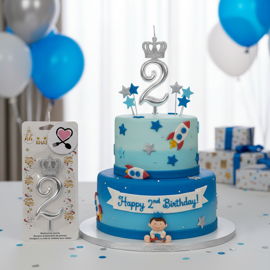 خرید شمع نقره‌ ای تاجدار عدد ۲ | شمع تولد لاکچری عددی