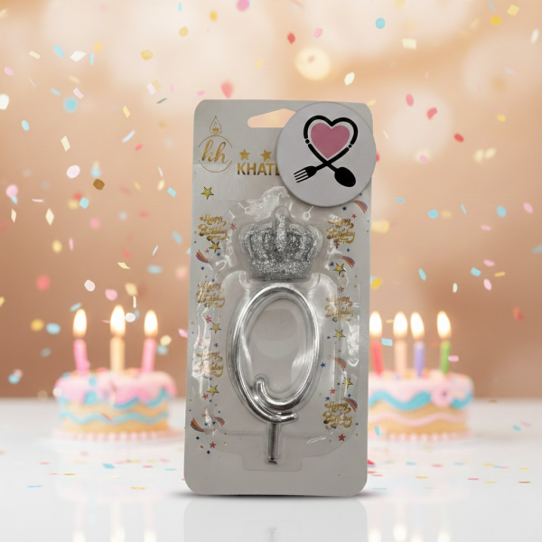 شمع نقره‌ ای تاجدار عدد صفر | شمع عددی لاکچری تزیین کیک تولد