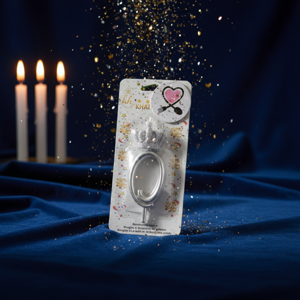 شمع تولد نقره‌ ای تاجدار عدد صفر | شمع عددی لاکچری تزیین کیک تولد