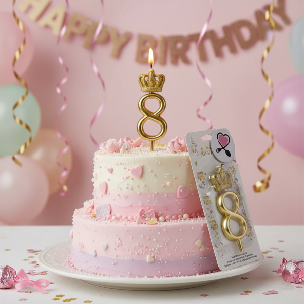 شمع طلایی تولد تاجدار عدد ۸ | شمع تولد لاکچری