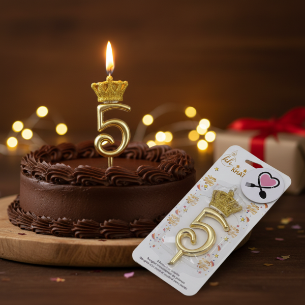 شمع طلایی تولد تاجدار عدد ۵ | شمع عددی لوکس تولد